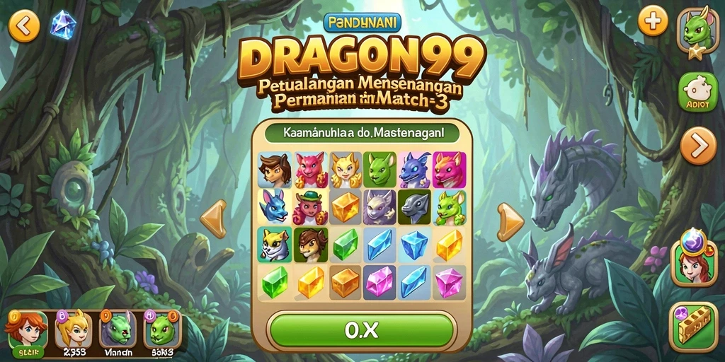 Tangkapan layar permainan <strong>DRAGON99</strong> menampilkan gameplay Match-3 yang seru.