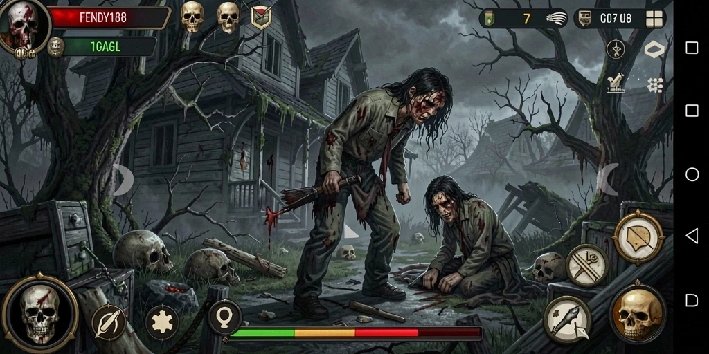 Gameplay FENDY188 menunjukkan suasana horor yang mencekam dan menegangkan.