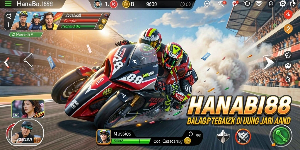 Gameplay mendebarkan dari HANABI88 dengan mobil balap cepat.