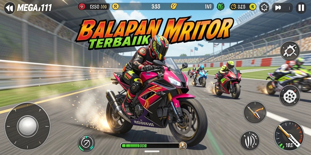 Screenshot gameplay MEGA111 yang menampilkan balapan motor yang mendebarkan.