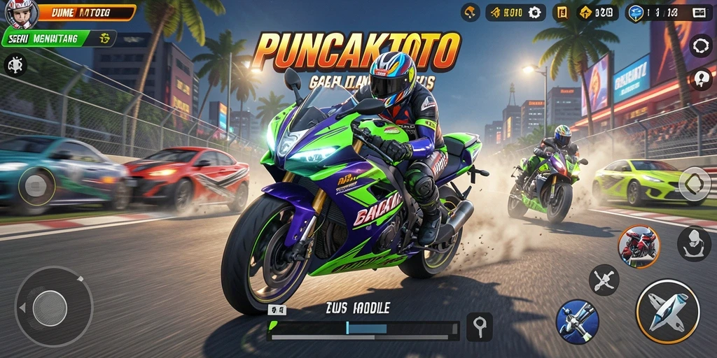 Tampilan gameplay <strong>PUNCAKTOTO</strong> dengan aksi balap motor yang mendebarkan.