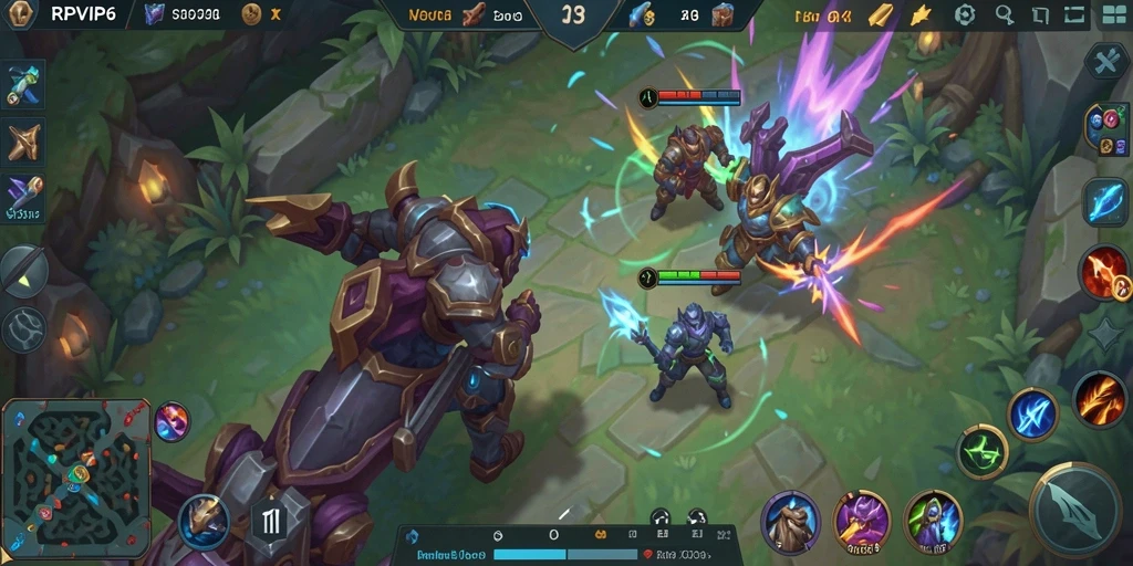 Screenshot gameplay RPVIP6 menampilkan pertarungan tim yang seru dalam arena.
