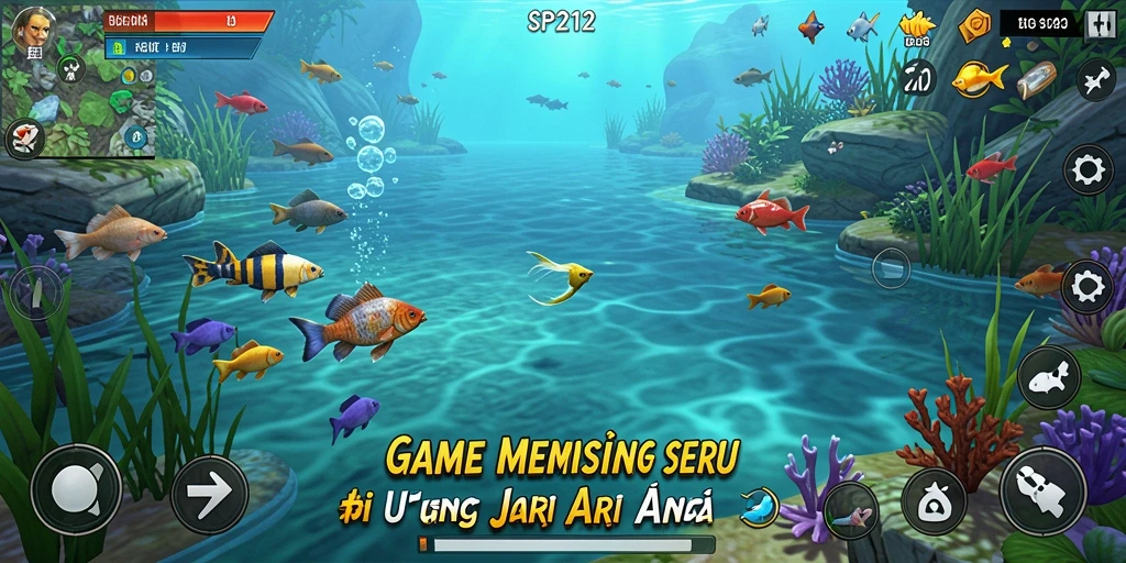Screenshot utama SP212 menampilkan pemain menangkap ikan besar di danau.